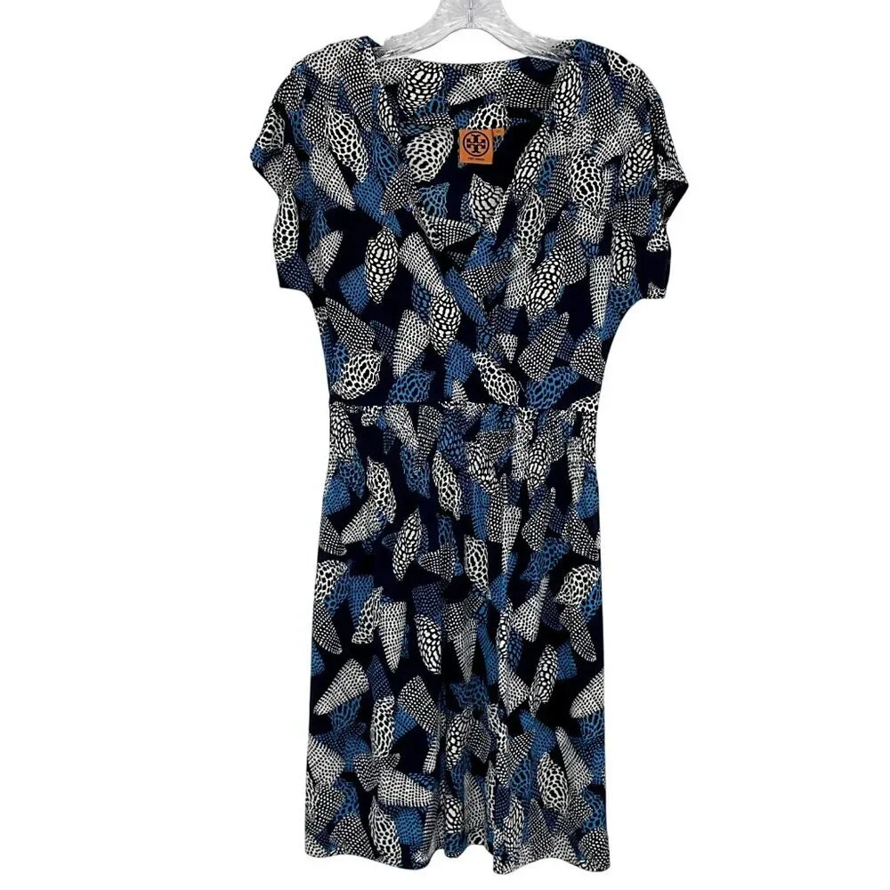 Tory Burch Dress Women XS Silk Blue‎ Seashell Polka Dot Short Sleeve V-Neck